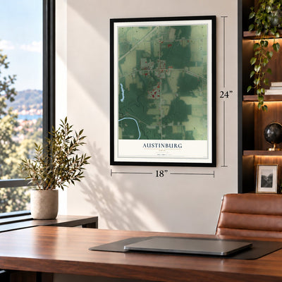 Austinburg, Ohio map, 18 x 24 inch print in a black frame in a home office