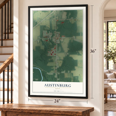 Austinburg, Ohio map, 24 x 36 inch print in a black frame by a staircase