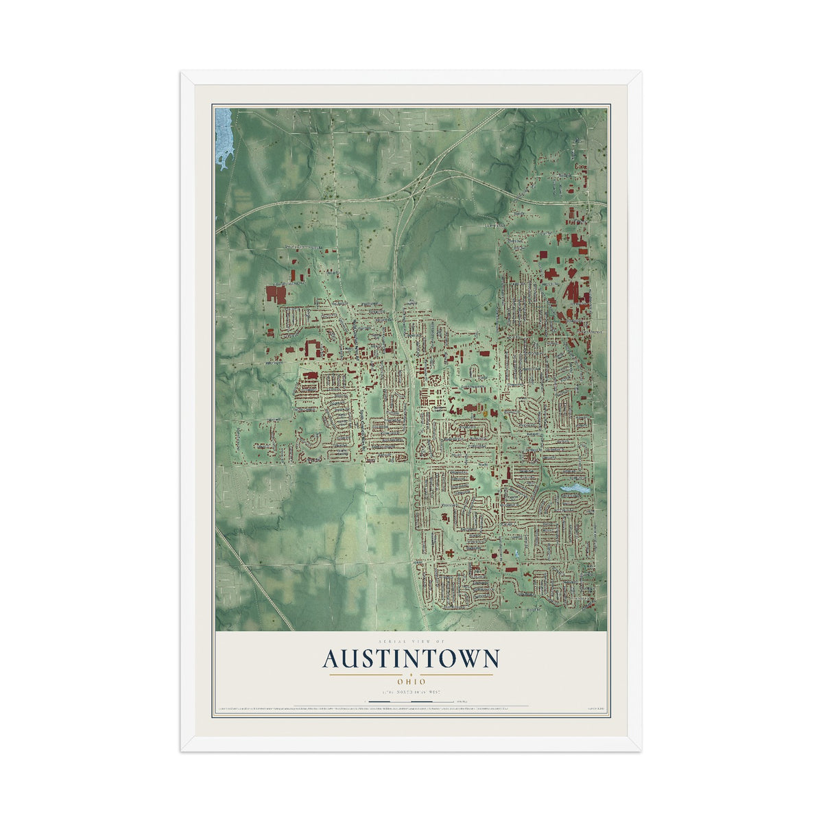 Map of Austintown, Ohio, 12 x 18 inch print in a white wood frame