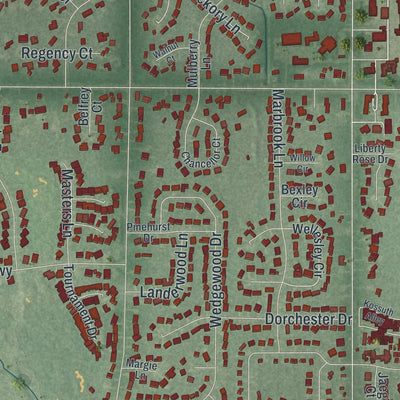 Close-up of the map of Avon Lake, Ohio print showing street and building detail