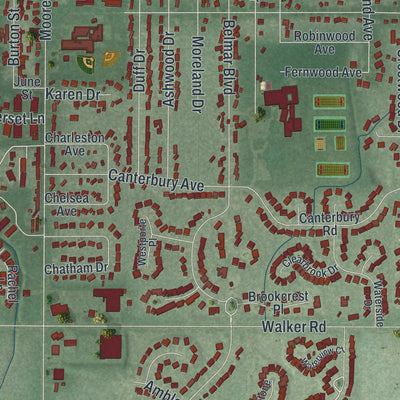 Second close-up of the map of Avon Lake, Ohio print showing more streets and buildings