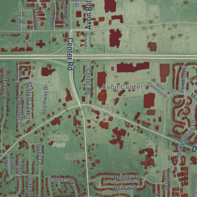 Close-up of the map of Avon, Ohio print showing street and building detail