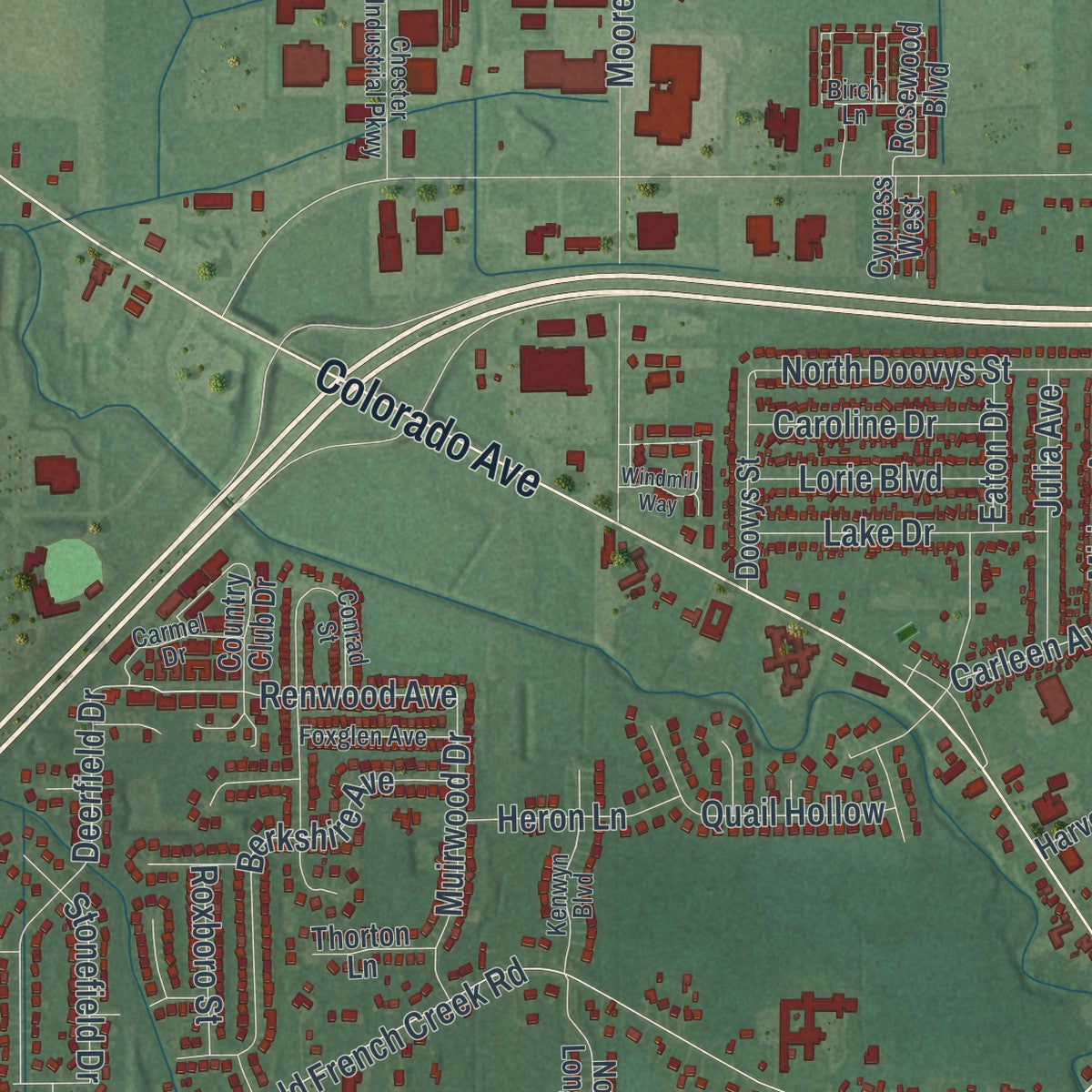 Second close-up of the map of Avon, Ohio print showing more streets and buildings
