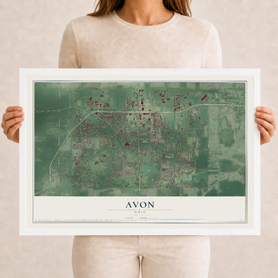 Map of Avon, Ohio, 12 x 18 inch print in a white wood frame