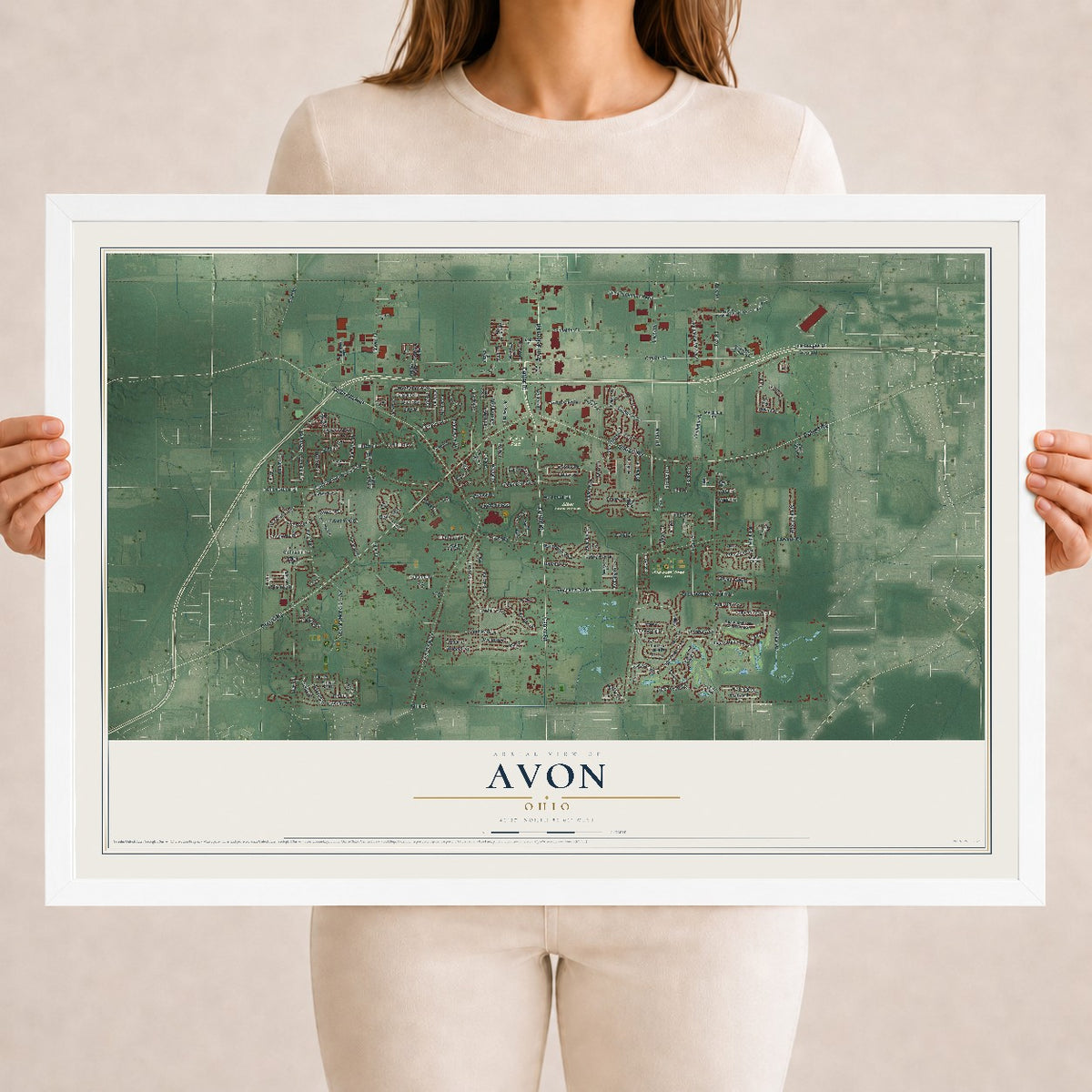 Map of Avon, Ohio, 18 x 24 inch print in a white wood frame