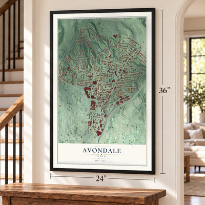 Avondale, Cincinnati, Ohio map, 24 x 36 inch print in a black frame by a staircase