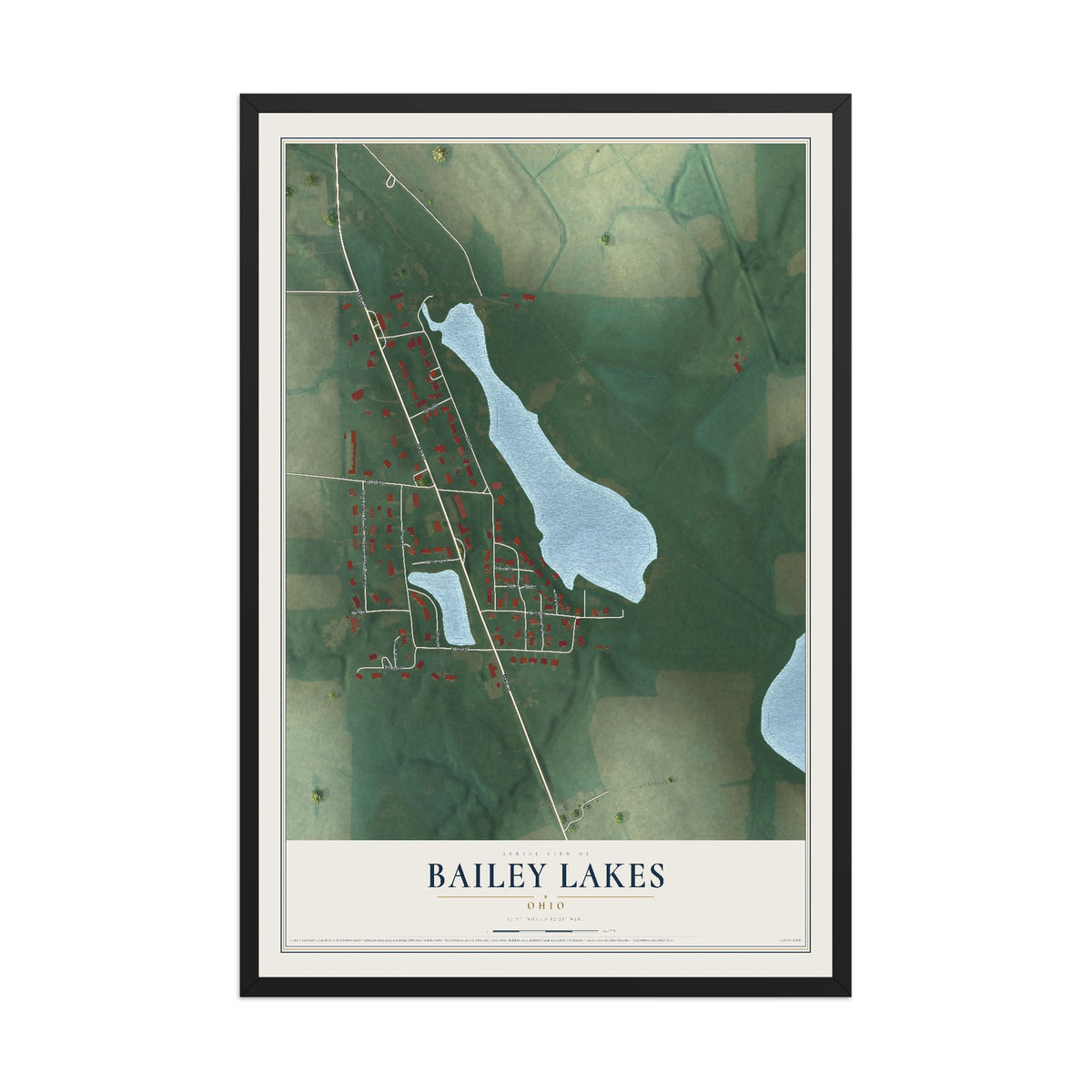 Map of Bailey Lakes, Ohio, 12 x 18 inch print in a black wood frame