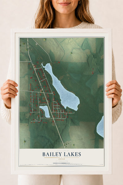 Map of Bailey Lakes, Ohio, 18 x 24 inch print in a white wood frame
