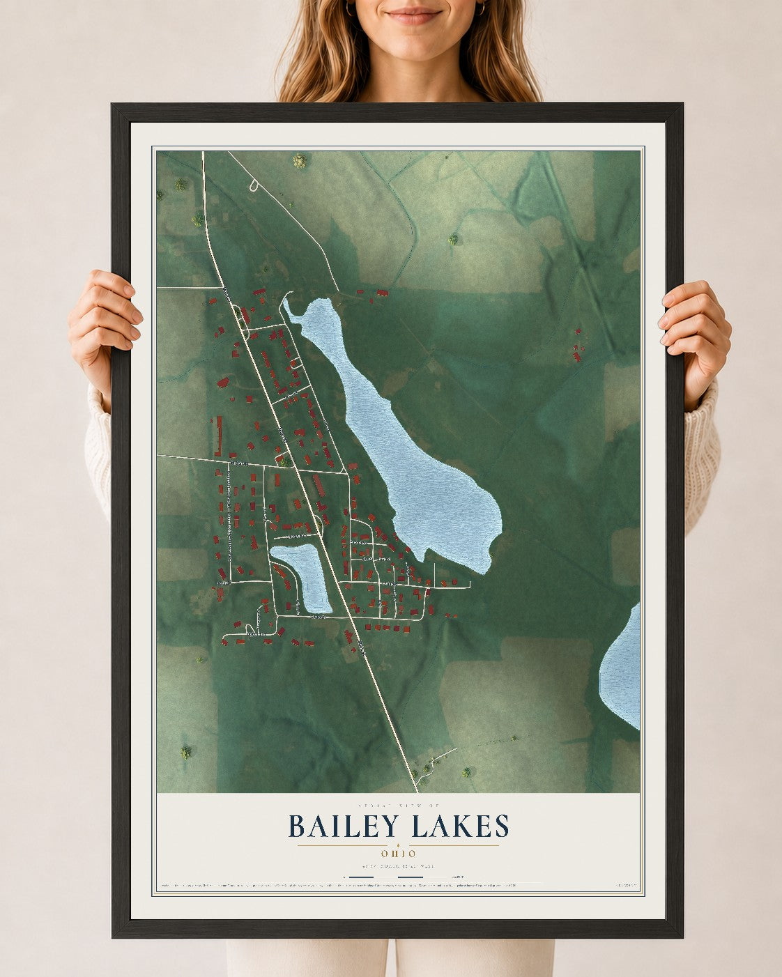 Map of Bailey Lakes, Ohio, 24 x 36 inch print in a black wood frame