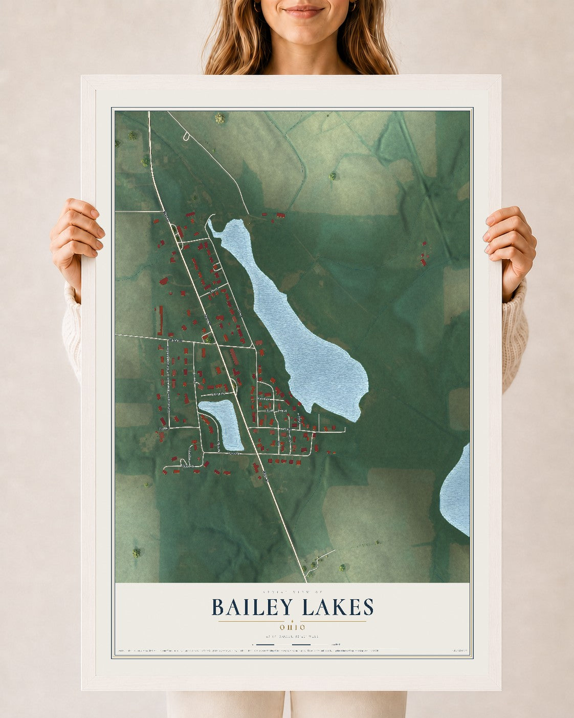 Map of Bailey Lakes, Ohio, 24 x 36 inch print in a white wood frame