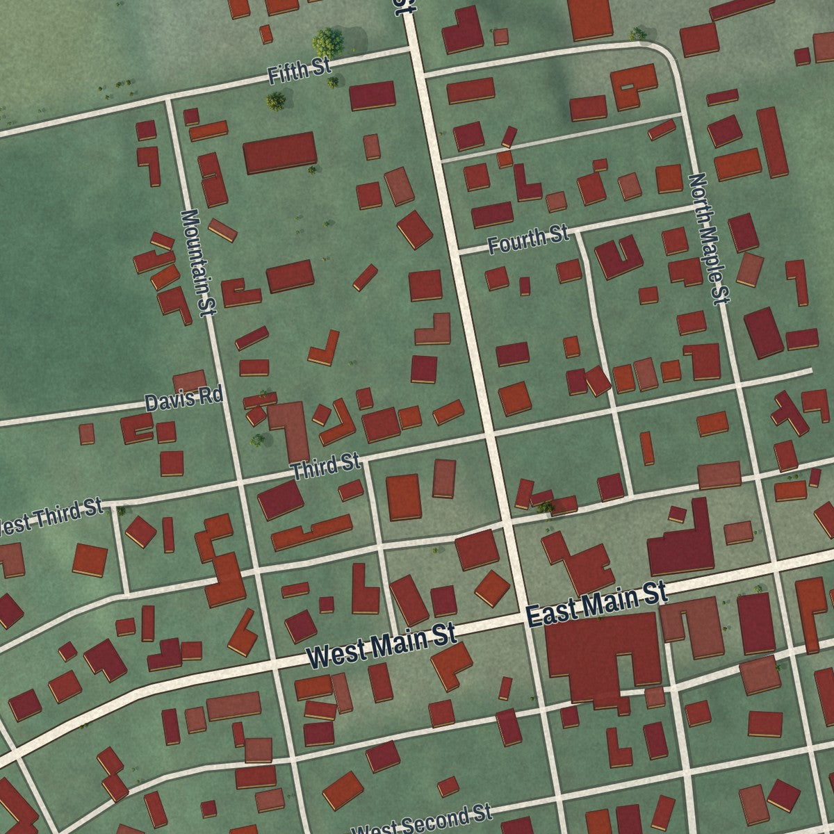 Close-up of the map of Bainbridge, Ohio print showing street and building detail