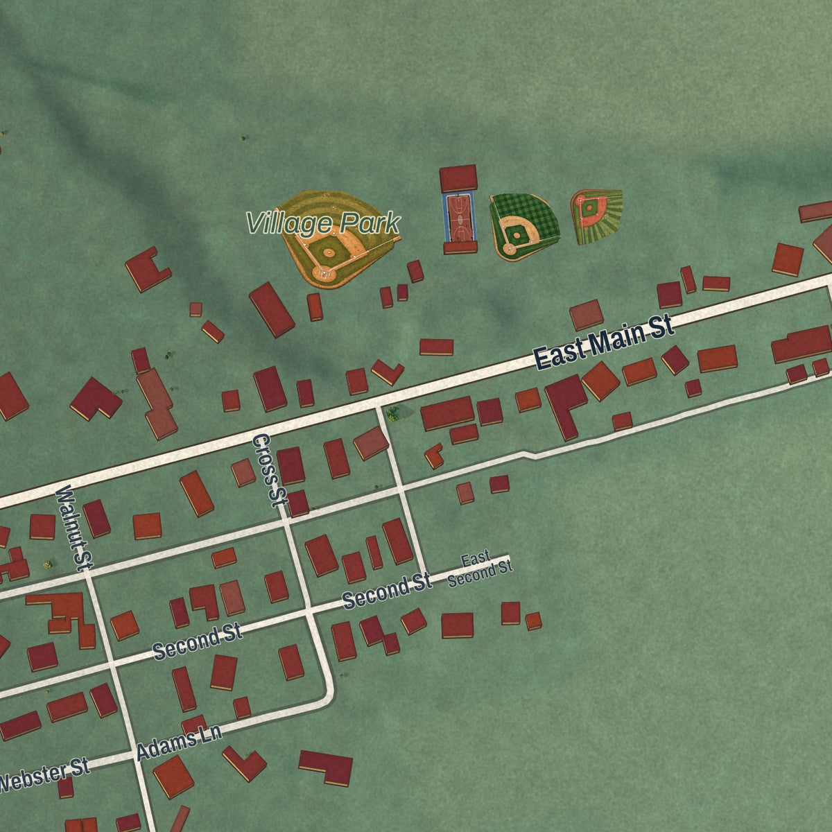Second close-up of the map of Bainbridge, Ohio print showing more streets and buildings