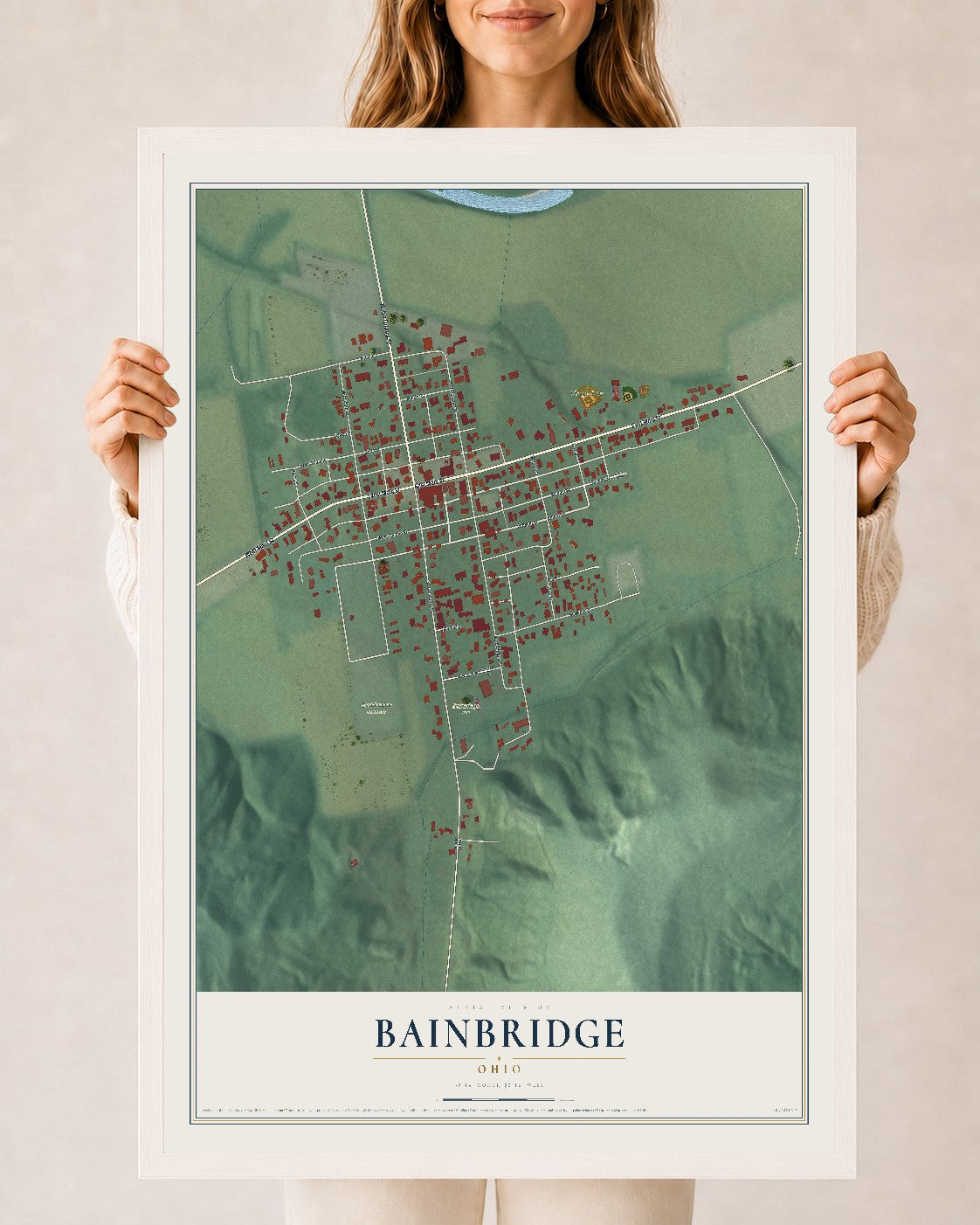 Map of Bainbridge, Ohio, 24 x 36 inch print in a white wood frame