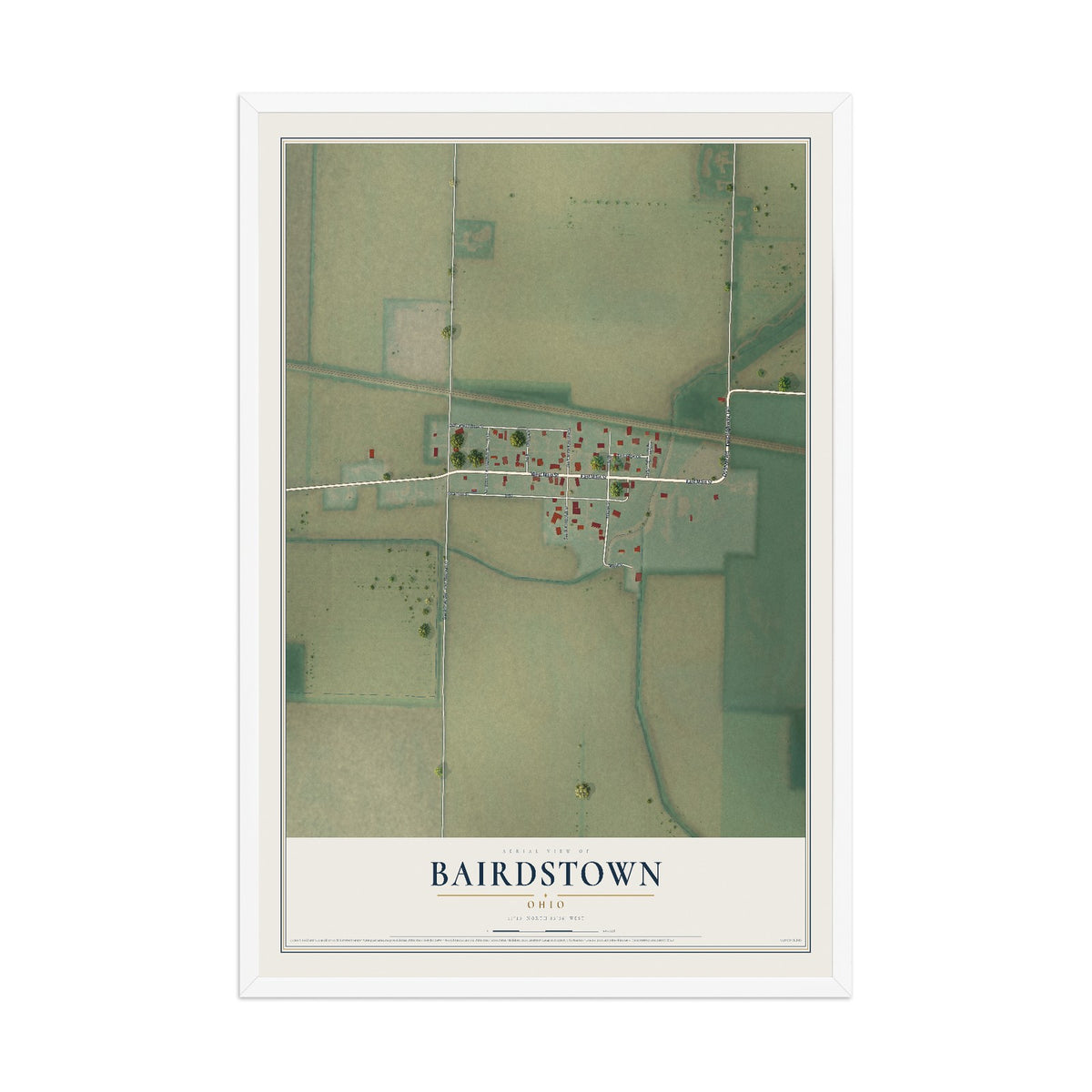 Map of Bairdstown, Ohio, 12 x 18 inch print in a white wood frame