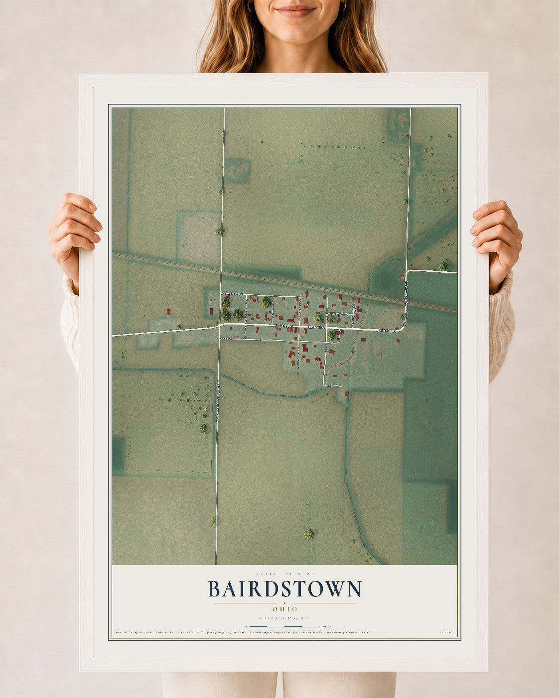 Map of Bairdstown, Ohio, 24 x 36 inch print in a white wood frame