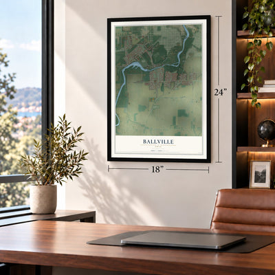 Ballville, Ohio map, 18 x 24 inch print in a black frame in a home office