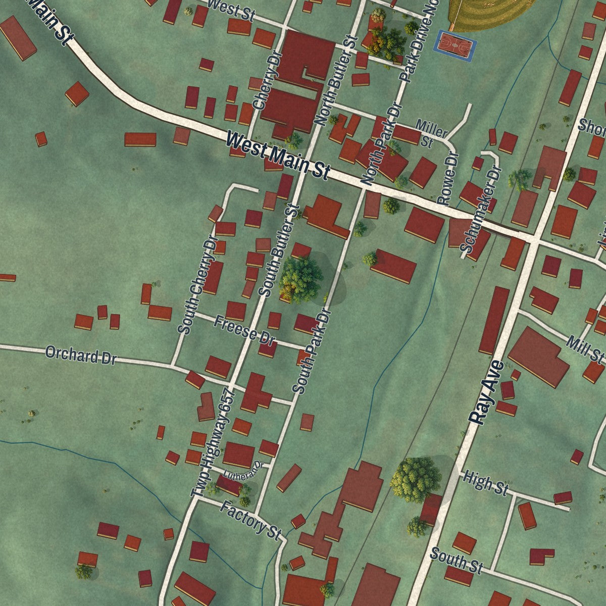 Close-up of the map of Baltic, Ohio print showing street and building detail