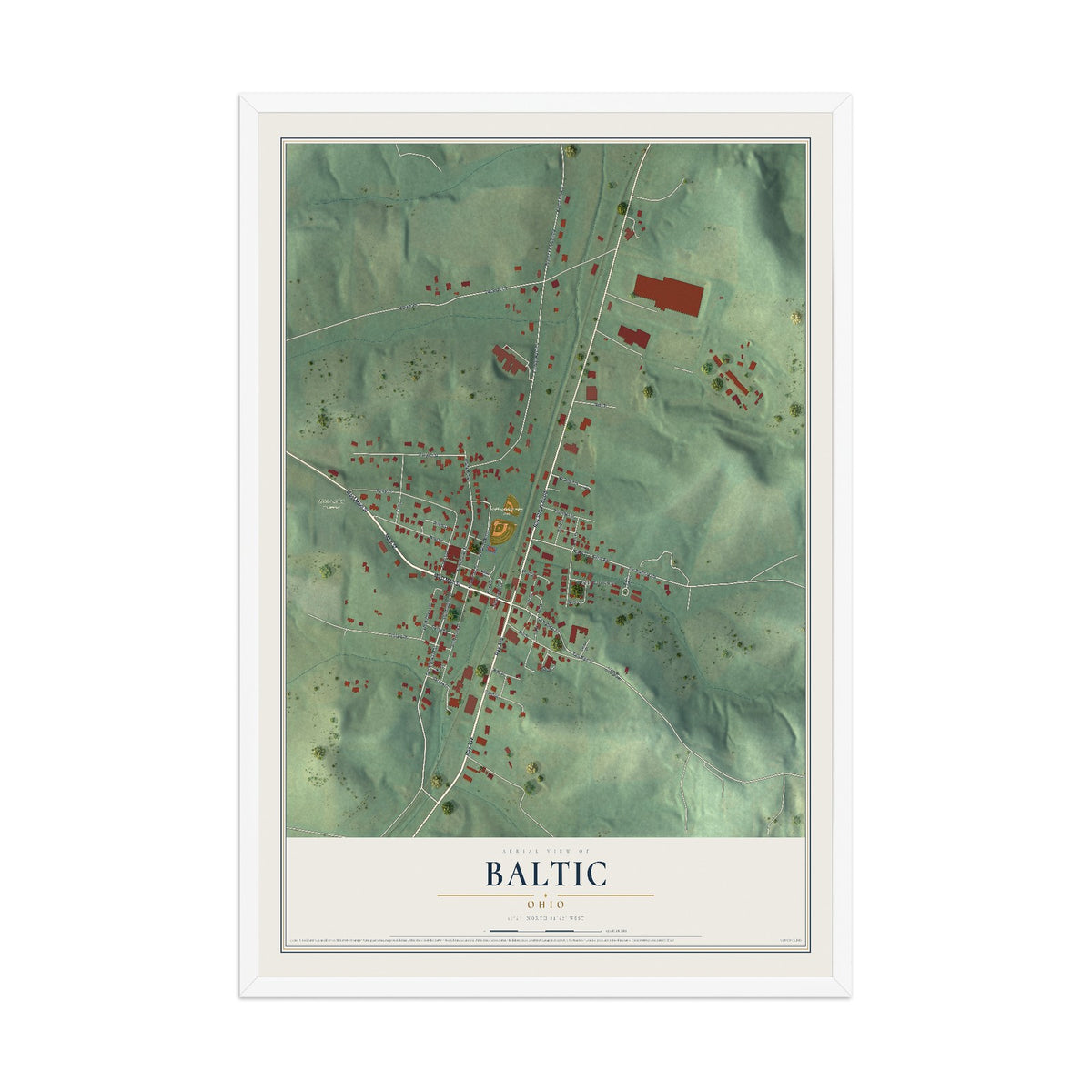 Map of Baltic, Ohio, 12 x 18 inch print in a white wood frame