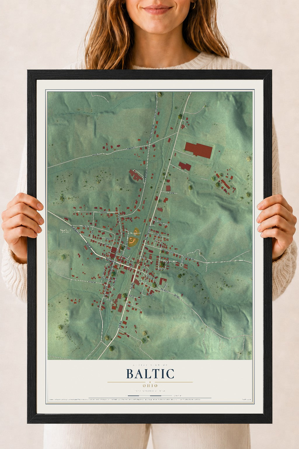 Map of Baltic, Ohio, 18 x 24 inch print in a black wood frame