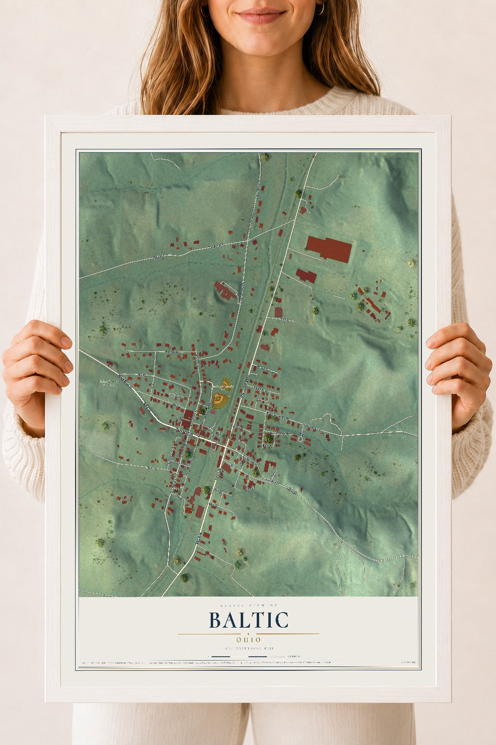 Map of Baltic, Ohio, 18 x 24 inch print in a white wood frame