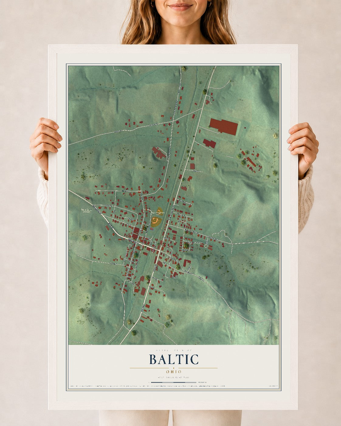 Map of Baltic, Ohio, 24 x 36 inch print in a white wood frame