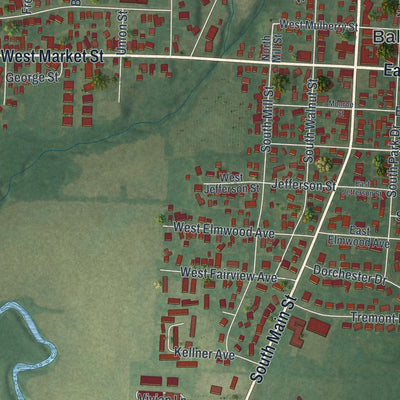 Close-up of the map of Baltimore, Ohio print showing street and building detail