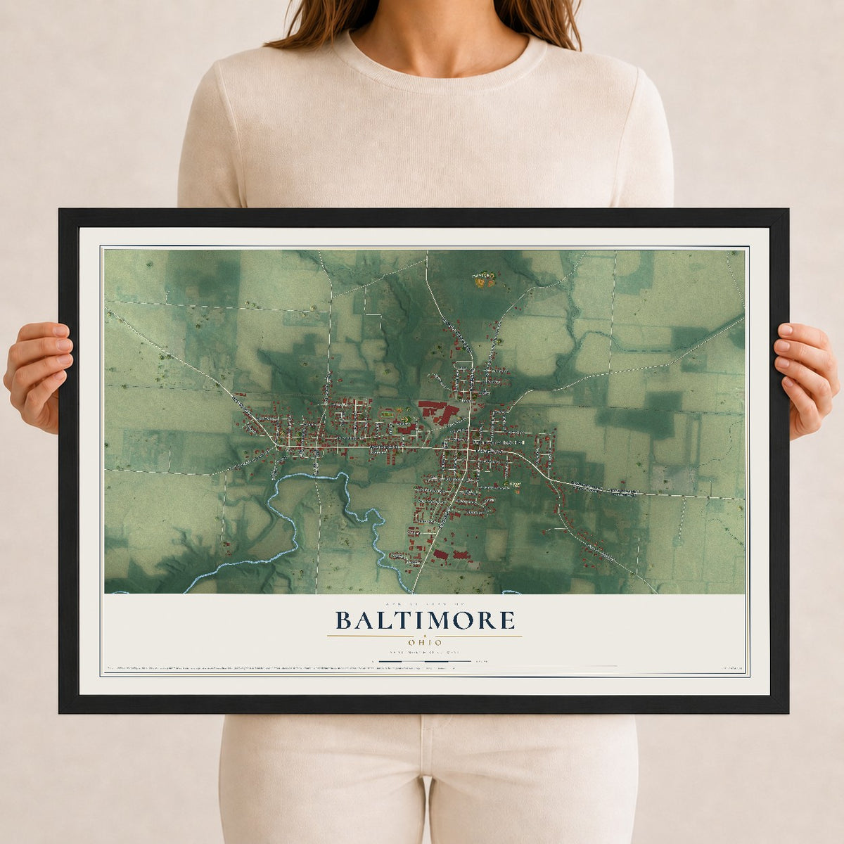 Map of Baltimore, Ohio, 12 x 18 inch print in a black wood frame