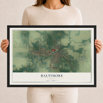 Map of Baltimore, Ohio, 12 x 18 inch print in a black wood frame