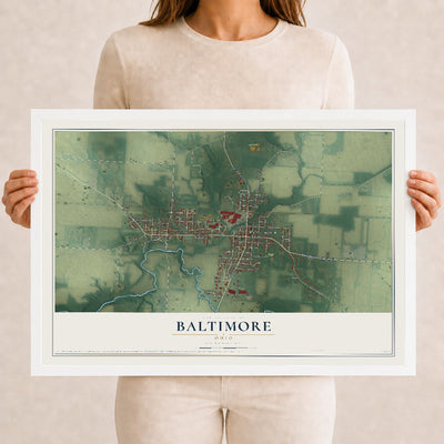 Map of Baltimore, Ohio, 12 x 18 inch print in a white wood frame
