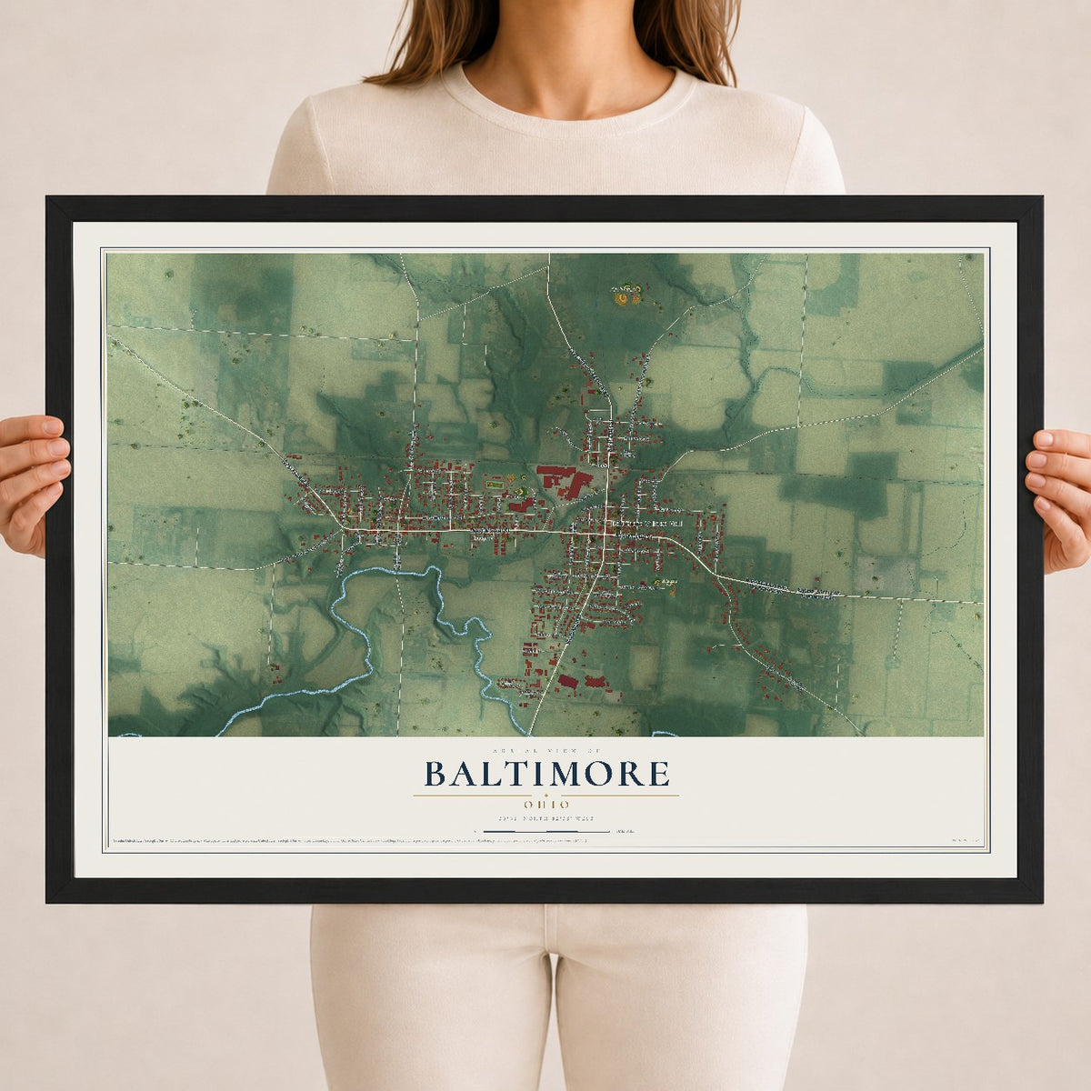 Map of Baltimore, Ohio, 18 x 24 inch print in a black wood frame