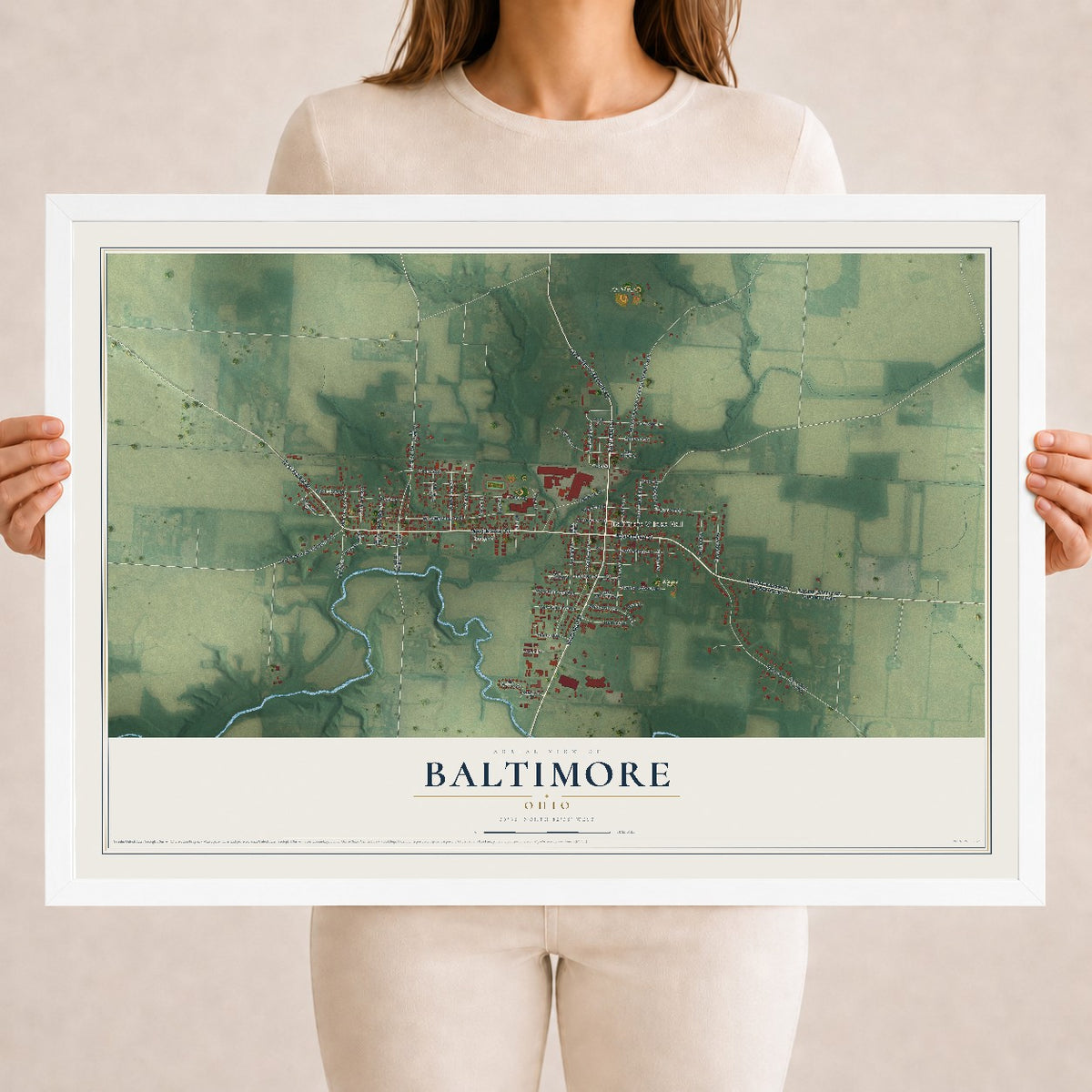 Map of Baltimore, Ohio, 18 x 24 inch print in a white wood frame