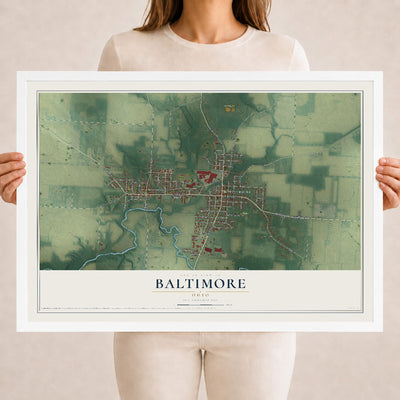 Map of Baltimore, Ohio, 18 x 24 inch print in a white wood frame