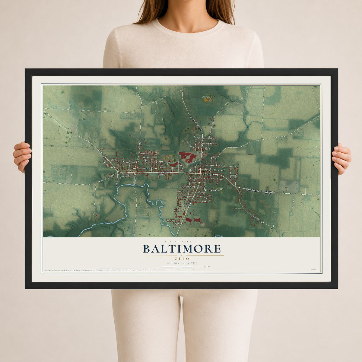 Map of Baltimore, Ohio, 24 x 36 inch print in a black wood frame