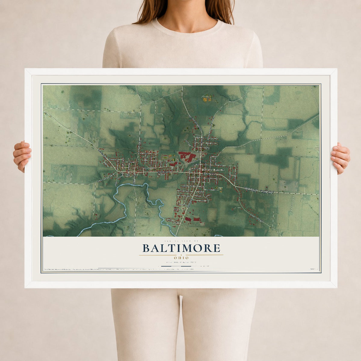 Map of Baltimore, Ohio, 24 x 36 inch print in a white wood frame
