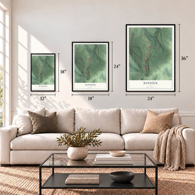 Bannock, Ohio map in 12 x 18, 18 x 24 and 24 x 36 inch sizes above a sofa