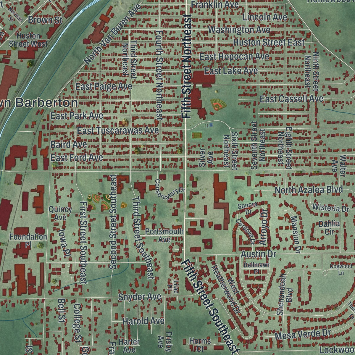 Close-up of the map of Barberton, Ohio print showing street and building detail