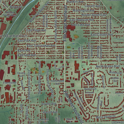 Close-up of the map of Barberton, Ohio print showing street and building detail