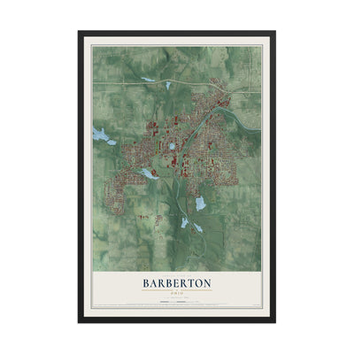 Map of Barberton, Ohio, 12 x 18 inch print in a black wood frame