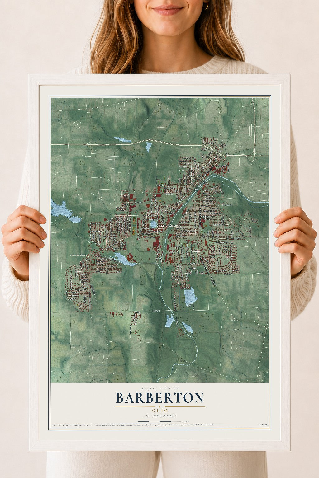 Map of Barberton, Ohio, 18 x 24 inch print in a white wood frame
