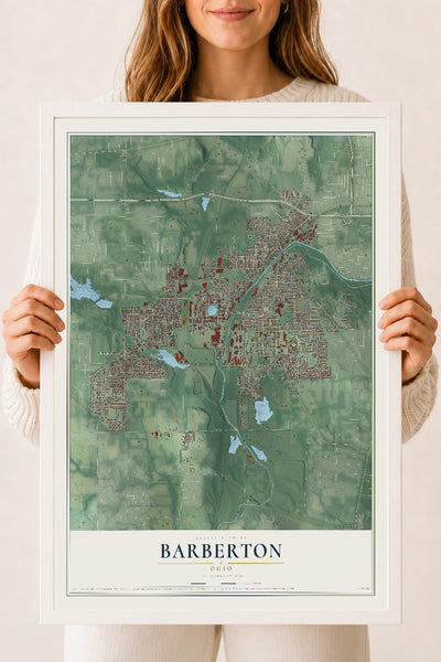 Map of Barberton, Ohio, 18 x 24 inch print in a white wood frame