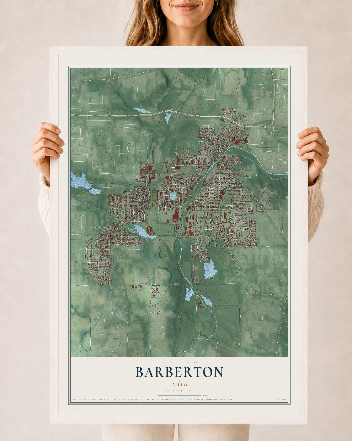 Map of Barberton, Ohio, 24 x 36 inch print in a white wood frame