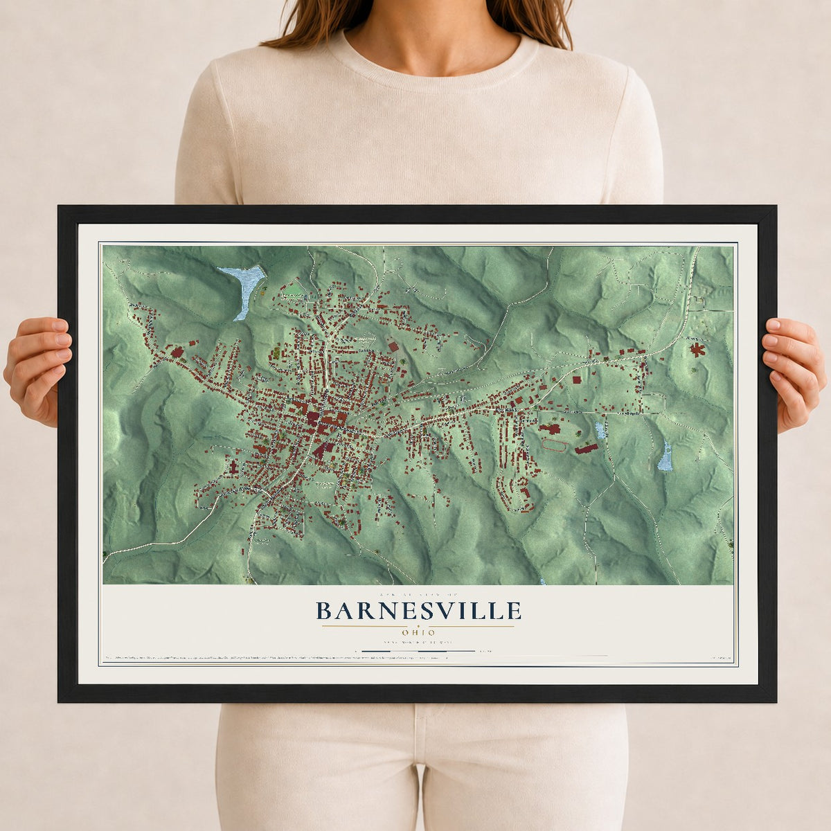Map of Barnesville, Ohio, 12 x 18 inch print in a black wood frame