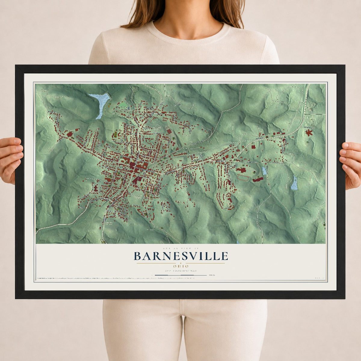 Map of Barnesville, Ohio, 18 x 24 inch print in a black wood frame