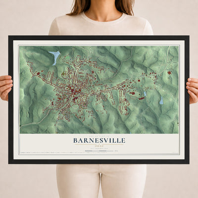 Map of Barnesville, Ohio, 18 x 24 inch print in a black wood frame