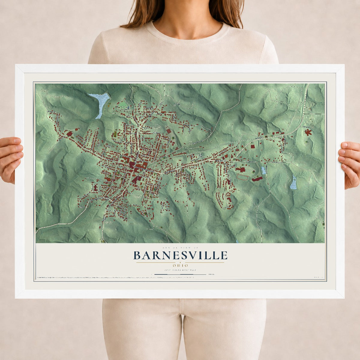 Map of Barnesville, Ohio, 18 x 24 inch print in a white wood frame