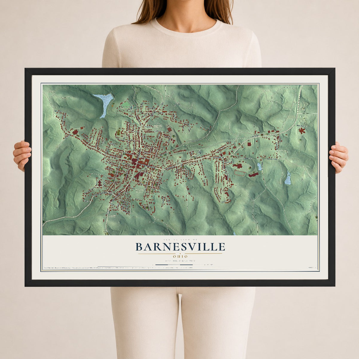 Map of Barnesville, Ohio, 24 x 36 inch print in a black wood frame