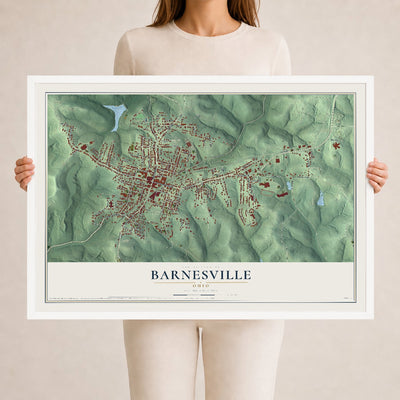 Map of Barnesville, Ohio, 24 x 36 inch print in a white wood frame