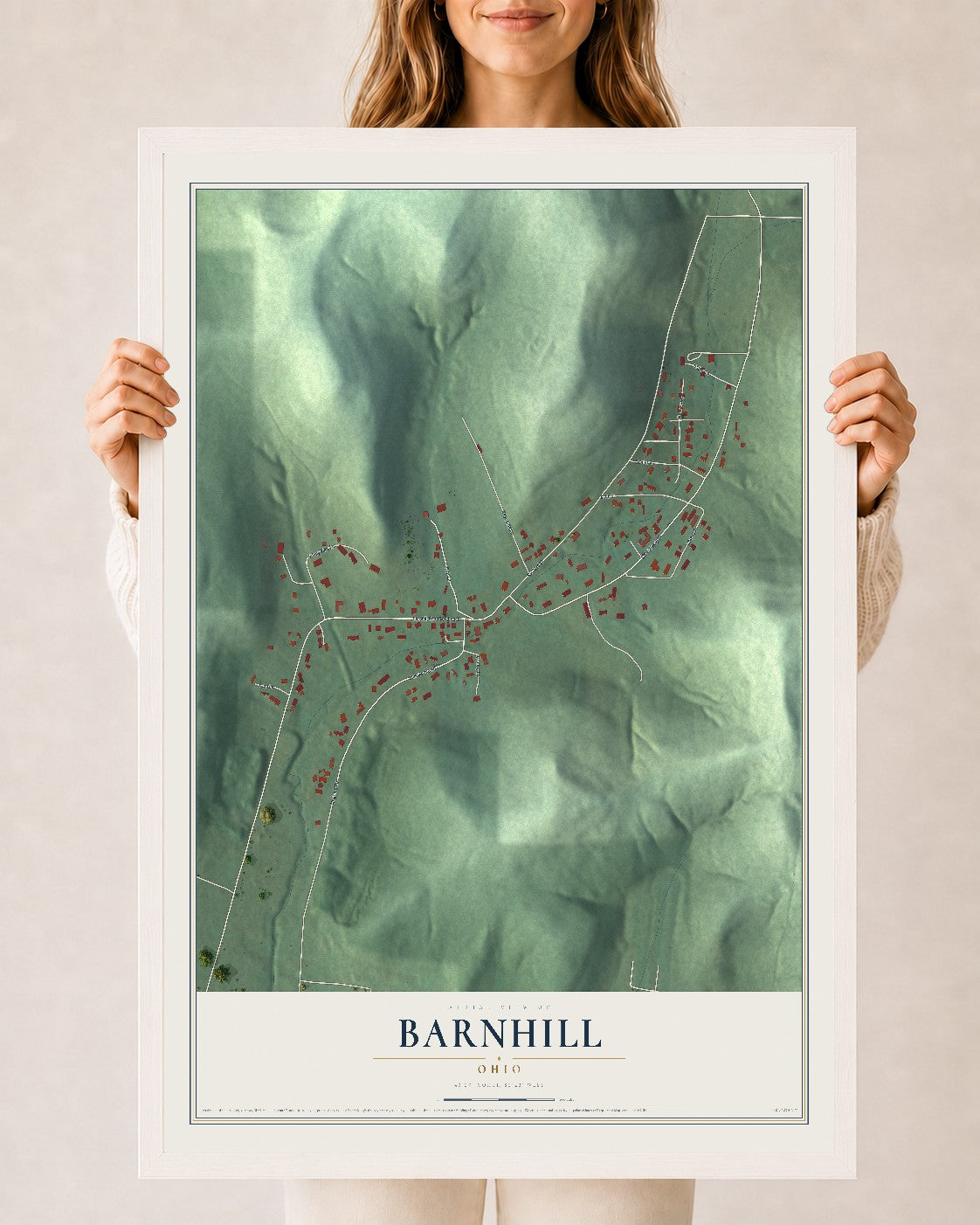 Map of Barnhill, Ohio, 24 x 36 inch print in a white wood frame