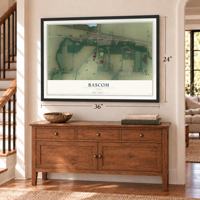 Bascom, Ohio map, 24 x 36 inch print in a black frame above a dresser by a staircase