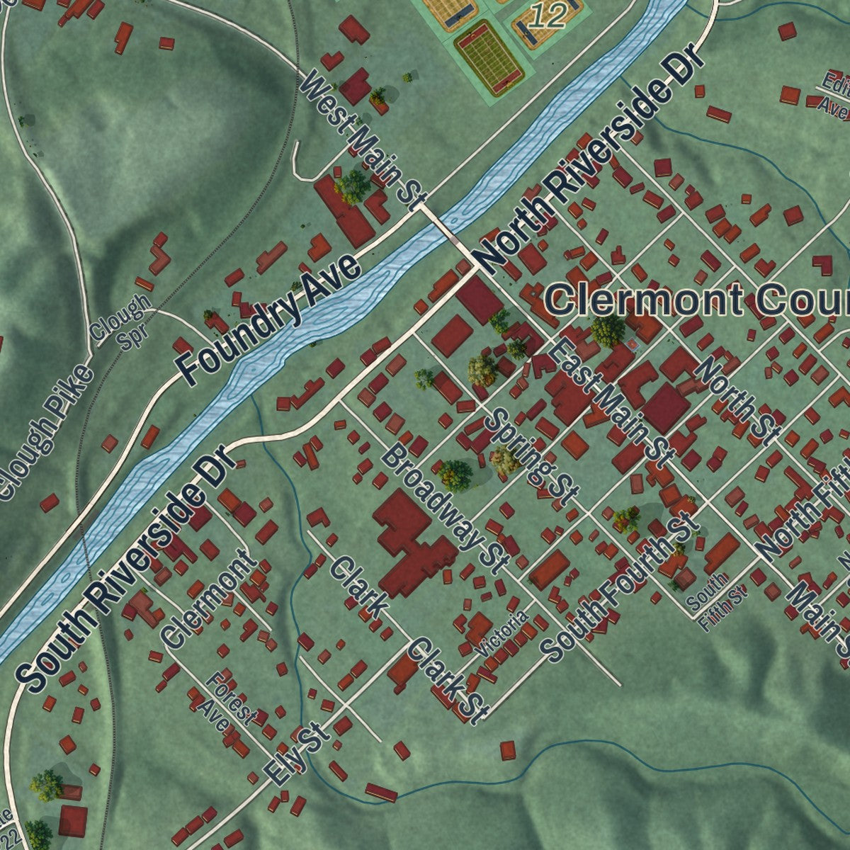 Close-up of the map of Batavia, Ohio print showing street and building detail